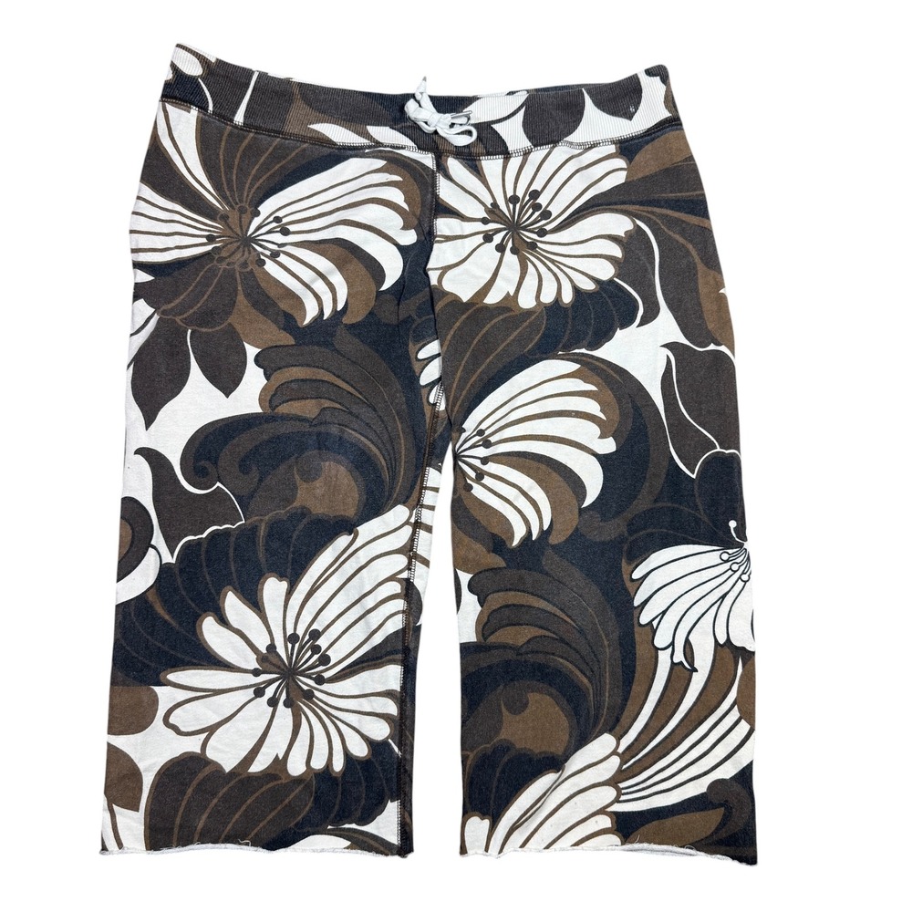 Lucky Brand Hawaiian Floral Cropped Sweatpants Y2K Raw Hem XS Brown Vintage